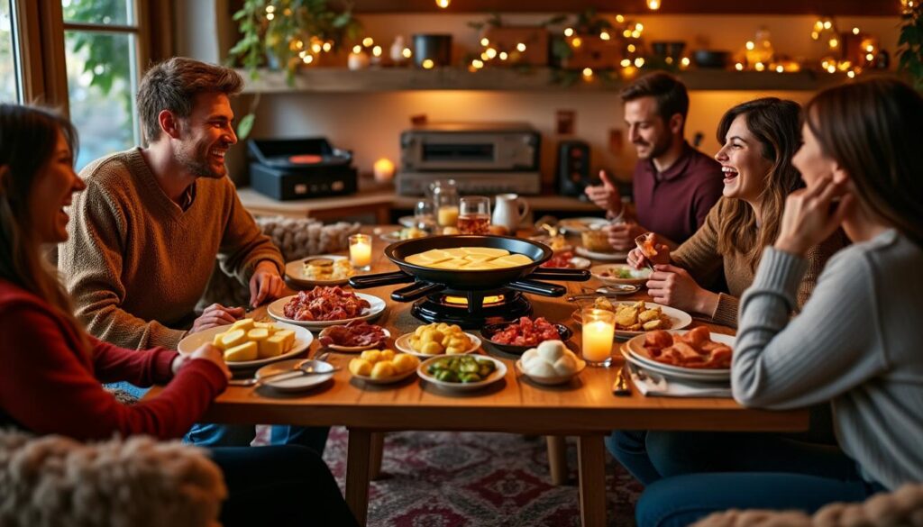 organisez une soirée raclette conviviale en créant un scénario avec une ambiance chaleureuse, des lumières tamisées et une playlist musicale idéale pour partager un moment gourmand entre amis ou en famille.
